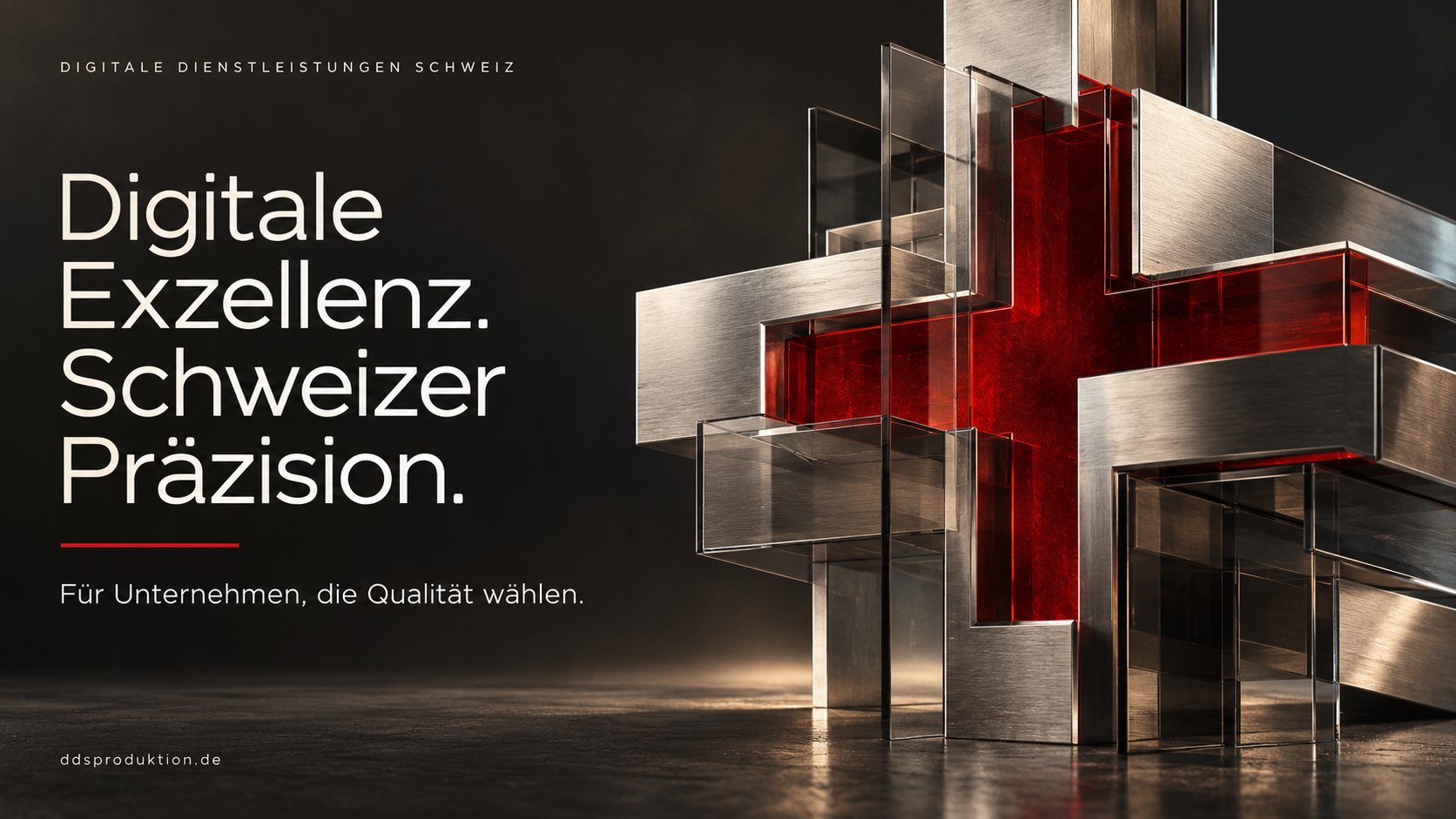 Digitale Dienstleistungen Schweiz. Für Unternehmen, die Qualität wählen. Skulptur aus gebürstetem Metall und Glas mit leuchtend rotem Schweizerkreuz.